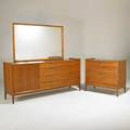 Cavalier two dressers and one mirror usa 1960s walnut aluminum mirrored glass two metal labels larger dresser 33 x 72 x 18 smaller dresser 33 x 36 x 18 mirror 34 x 54