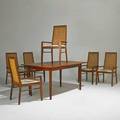 American dining table and six armchairs walnut caning and upholstery unmarked 29 12 x 60 x 38 two leaves 20 chairs 38 x 20 x 24