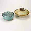 Eunice prieto two covered dishes one glazed ceramic one glazed stoneware california both signed larger 8 x 12 12