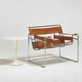 Marcel breuer eero saarinen wassily chair and knoll tulip side table usa 1960s chromed steel stitched leather plastic coated iron laminated wood table labeled chair 28 x 31 x 28 table