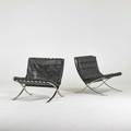 Style of mies van der rohe pair of lounge chairs 1970s chromed steel leather unmarked 29 12 x 29 14 x 30 14