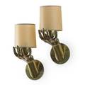 French pair of sconces 1960s patinated brass parchment single sockets unmarked 13 x 5 12 x 7 12