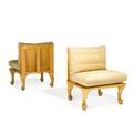 John hutton 1947  2006 pair of lounge chairs usa 1970s carved and stained poplar silk retailer labels 33 x 28 x 26 ea