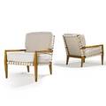 Th robsjohngibbings 1905  1976 widdicomb pair of lounge chairs grand rapids mi 1950s bleached walnut webbing canvas unmarked 32 12 x 26 x 38