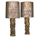 James mont 1904  1974 james mont design pair of tree trunk table lamps new york 1950s carved gilt and polychromed wood painted shades single sockets unmarked overall 44 x 18 dia bas