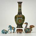 Asian three cloisonne animals champleve vase and footed bowl 19th20th c enameled metal turquoise coral all unmarked tallest 20 12