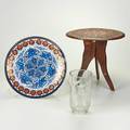 Asian three decorative pieces etched glass vase porcelain charger and bone inlaid occasional table 20th c glass wood glazed earthenware vase and plate marked tallest 14 34