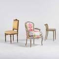 French chair group three 19th20th c  upholstered armchair side chair and dressing table stool tallest 37 34 x 19 12 x 18