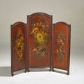 Threepanel folding screen style of vernis martin ca1900 decorated with putti a sheath of arrows doves etc unmarked 41 12 x 45 12 x 34