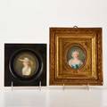 Two portrait miniatures framed halflength portraits of women in straw hats germany 18th 19th c gilded plaster painted wood ivory one signed artaud larger 7 34 x 7 x 1 12
