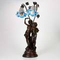 Figural lamp boy and girl mid 20th c white metal bronze patination glass shades unmarked 30 x 12 x 9