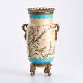 Style of longwy glazed earthenware vase with bronze mounts 20th c marked eg61 14 x 7 34 dia with handles
