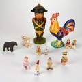 Herend etc fourteen animal and human figurines including herend rooster most made in germany 19th20th c glazed earthenware wood fabric porcelain some marked rooster 10 34