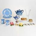 Wedgwood boehm etc sixteen pieces including six jasperware two boehm porcelain roses steuben vase assorted porcelain and glass 20th c some marked tallest 11 12