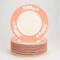 Lenox set of twelve service plates with raised floral pattern on coral rims usa ca 19301953 green wreath marks each 10 12 dia