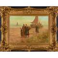 Dutch seascape with fisherwomen oil on linen framed illegibly signed 15 18 x 21 12