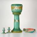 Roseville gardenia jardinire 6028 and pedestal 6058 pink moss console set 29310 and pair of candlesticks 1107 4 12 zanesville oh late 1930s40s glazed earthenware all marked tall