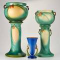 Roseville two pine cone green jardinires 40310 6328 and pedestals 40510 blue twohandled vase 74710 zanesville oh late 1930s40s glazed earthenware dieimpressed marks on all but on
