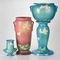 Roseville primrose umbrella stand 773 twohandled vase 7668 jardinire 63410 and pedestal zanesville oh late 1930s glazed earthenware dieimpressed marks to three tallest 29 14