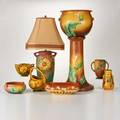 Roseville thornapple jardinire 6388 and pedestal and bowl 3065 peony lamp 6712 basket 3767 and bowl cherry blossom console bowl 4274 fuschia vase 8936 laurel vase zanesville