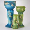 Roseville two apple blossom jardinires 3028 30310 and pedestals 3058 30610 twohandled floor vase 39215 zanesville oh 1940s glazed earthenware dieimpressed marks tallest 31