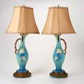 Roseville pair of apple blossom ewers mounted as lamp bases zanesville oh 1940s glazed earthenware unmarked 28 12 x 7 14 x 7 14 with shade