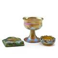Tiffany studios three favrile glass pieces sherbet cup salt turtleback tile new york ca 1905 sherbet marked lct w216 salt marked lct glass tile unmarked sherbet 3 34 x 3 14