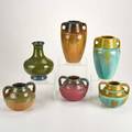 Fulper six vases five with two handles and footed bottle flemington nj ca 19221934 glazed earthenware all marked tallest 9