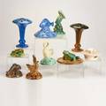 Fulper ten pieces eight figural flower frogs two trumpet fan vases flemington nj ca 19101928 glazed earthenware most marked tallest 8