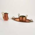 Arts and crafts glasgow style creamer sugar and matching tray usa early 20th c copper and brass illegibly marked largest 1 12 x 12 14 x 5