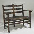 Arts and crafts ladderback settee usa early 20th c quartersawn oak tackedon upholstery unmarked 38 x 27 x 33