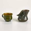 George ohr two pieces biloxi ms 1900s chamber pot novelty teacup with contents small vase with pinched body both signed larger 3 12 x 4 x 3