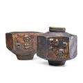 Ted randall 1914  1985 two large glazed earthenware vessels with applied elements alfred ny one signed 13 12 x 14 and 11 12 x 16 12