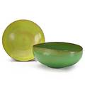 Otto natzler 1908  2007 gertrud natzler 1908  1971 two small dishes one folded in apple green glaze other chartreuse los angeles ca both signed 2 x 4 12 1 x 4