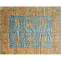 Oushak style contemporary roomsize handknotted rug geometric floral design on french blue and ochre ground unmarked 8 7 x 10 2
