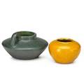 Merrimac two vases dark green and mustard glazes newburyport ma smaller has remnant of paper label larger unmarked larger 3 12 x 5 34