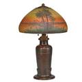 Handel table lamp its chippedglass shade obverse and reverse painted with palm trees meriden ct 1910s glass bronze three sockets shade stamped handel lamps patent no and handel 6310 f u