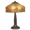 Handel table lamp its chippedglass shade obverse painted with foliage meriden ct 1910s glass bronze three sockets shade stamped handel patent no base stamped handel 22 12 x 16
