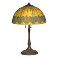 Handel rare table lamp its shade with stylized leaves and buds meriden ct ca 1910 obverse and reversepainted acidetched glass patinated metal three sockets shade marked us patent no 979