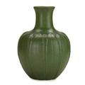Grueby early bulbous vase carved with leaves boston ma ca 1900 circular faience stamp152 paper label 1114 artists cipher 12 x 9