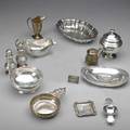 Box lot of silver holloware and accessories american and foreign 20th c thirteen elements includes porringer tea strainer gravy boat on tray bowls mustard pot etc 4544 ot