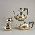 English sterling coffee service four cushionshaped halfreeded pieces made by barker brothers ltd birmingham england ca 1950 coffee pot 9 teapot 5 34 creamer 3 12 and covered sugar b