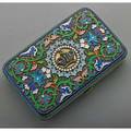 Russian jeweled and enameled silver cigarette case cloisonn enameled polychrome surfaces applied silver crown on lid with rose cut diamonds and sapphires questionable marks for khlebnikov moscow