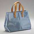 Fashion baby blue mini tote in the style of louis vuitton baby blue patent logo tan leather handles 10 x 7 x 4 note this handbag has not been authenticated