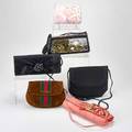 Six designer handbags carlos falchi pink python clutch with python skin flowers and shoulder strap 11 x 4 x 2 rene mancini black silk and file envelope with braided silk cord 7 x 8  oscar