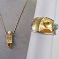 Contemporary studio jewelry two pieces sterling 22k and 14k gold open cuff with 14 ct moonstone peridot and druzy possibly caroline strieb silver pendant necklace with peridot citrine and pea