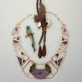 Rf milliron zuni inlaid silver jewelry ca 1970 three pieces gate linktapered necklace of floral motif eagle bolo of braided leather with tigers eye briolette songbird brooch 195 gs gw