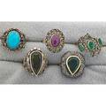 Five dress rings with diamonds late 20th c victorian style includes but not limited to emerald ruby and tourmaline some gold some silver 208 dwt gw sizes 67