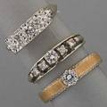 Three diamond rings 19401960 threestone in 14k wg fivestone in 14k wg solitaire 14k yg diamonds approx 110 cts tw 63 dwt sizes 6 8 9