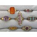 Victorian style gold rings 19th20th c seven pieces includes inlaid amethyst turquoise carnelian intaglio pink spinel garnet citrine pearl 147 dwt sizes 5  8